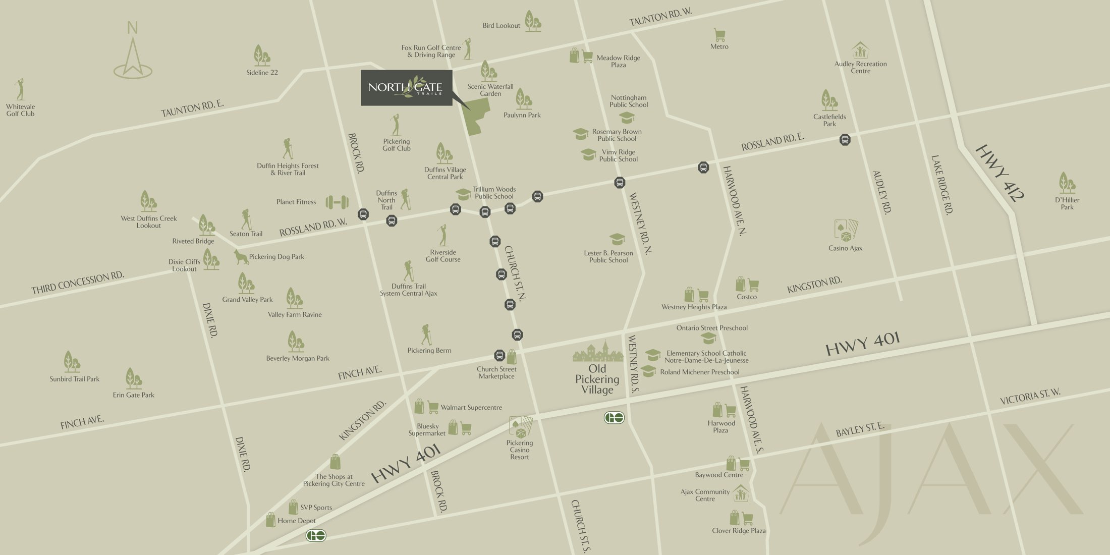 Map of North Gate Trails in North Ajax near Taunton Road, Church Street and Highway 401